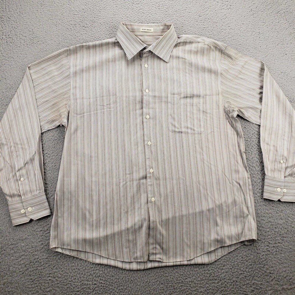 Pronto Uomo Shirt Mens XLT Brown Striped Tall Button Up Non Iron Classic Pocket‎